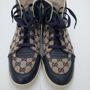 Gucci Navy Leather Trimmed Hi Top Sneakers